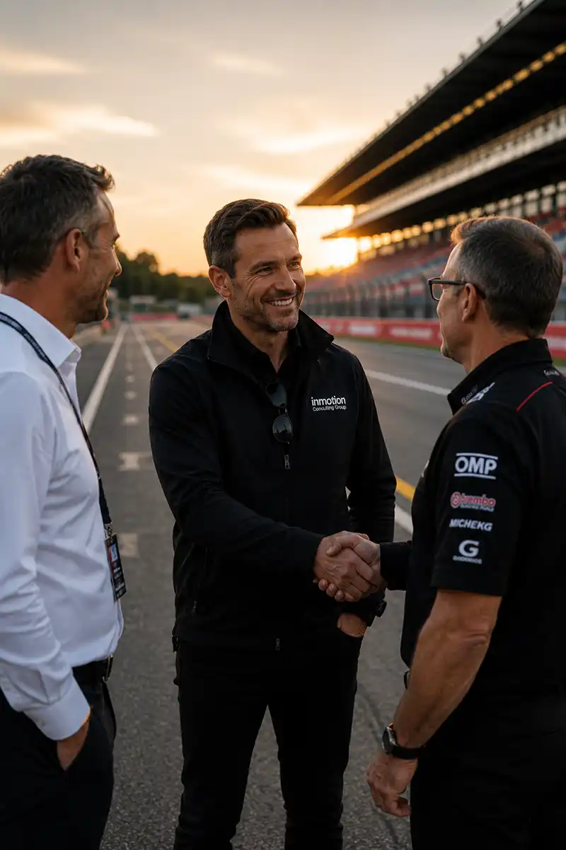 Inmotion Consulting Group representative shaking hands with motorsports team members trackside at sunset